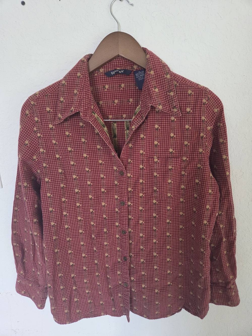 Krazy Kat Vintage Red Floral Plaid Button Down Shirt Womens Medium Cottagecore